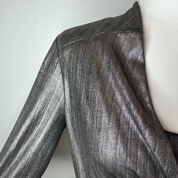 Chetta B Metallic Gold Black Stretch Long Sleeve Front Faux Wrap Top Blouse 12 - Picture 4 of 11